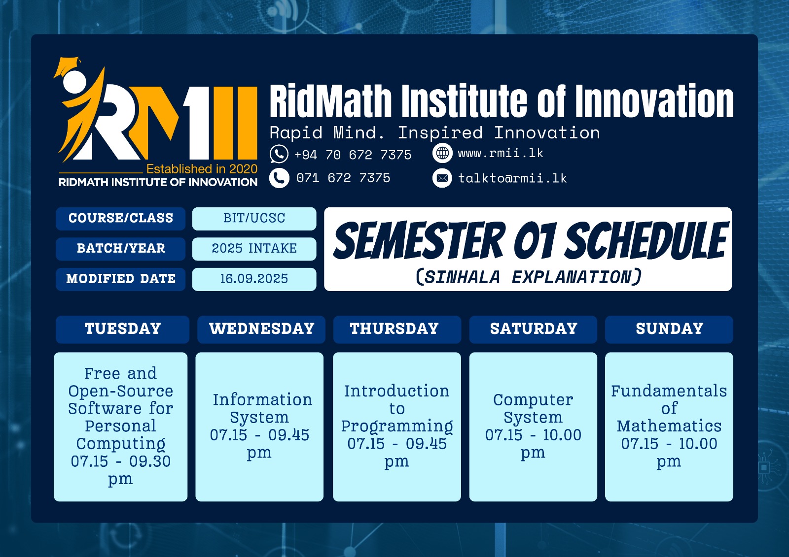 Timetable for BIT Semester 1 2025