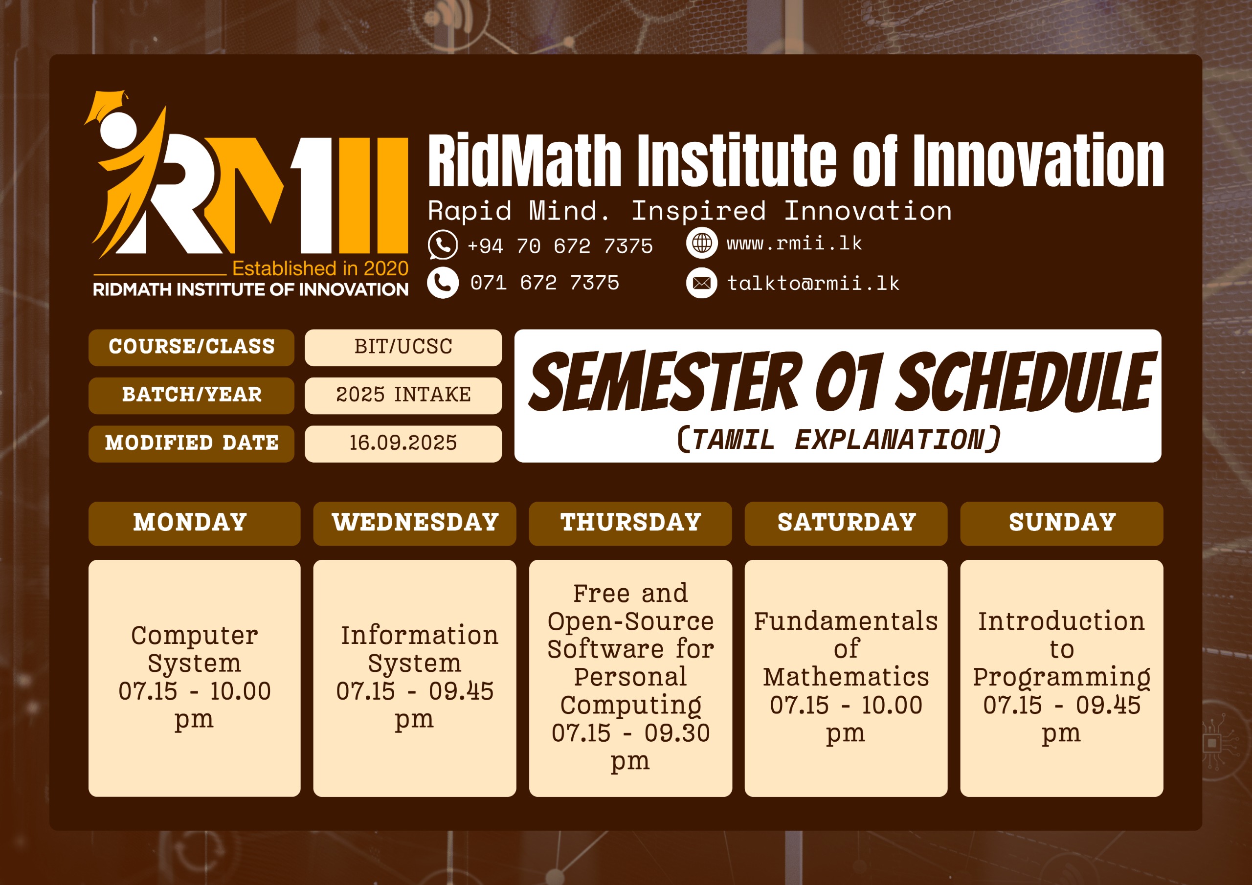 Timetable for BIT Semester 1 2025