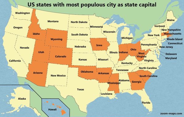 Relative population ranking of US state capitals · Zoom Maps