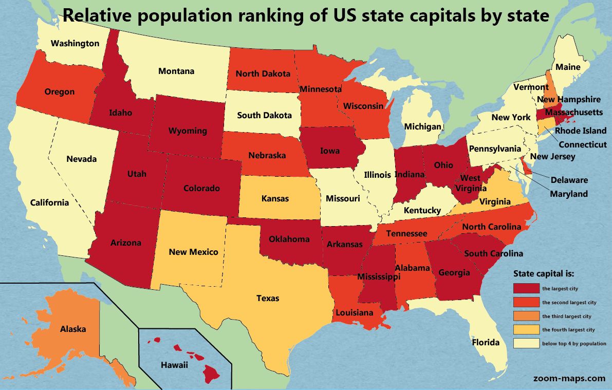 Relative Population Ranking Of Us State Capitals · Zoom Maps