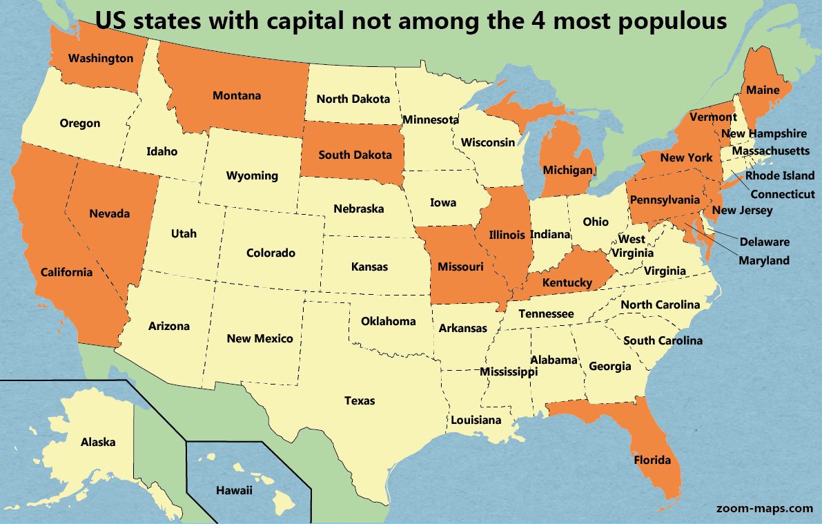 Relative population ranking of US state capitals · Zoom Maps