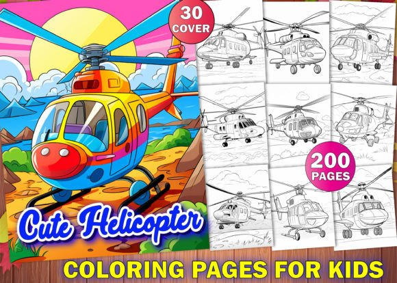 Cute Helicopter Coloring Book Cover - Cartoon Helicopter Flying Over Desert