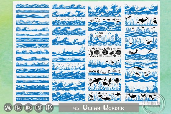 Ocean-themed border designs with waves and shells