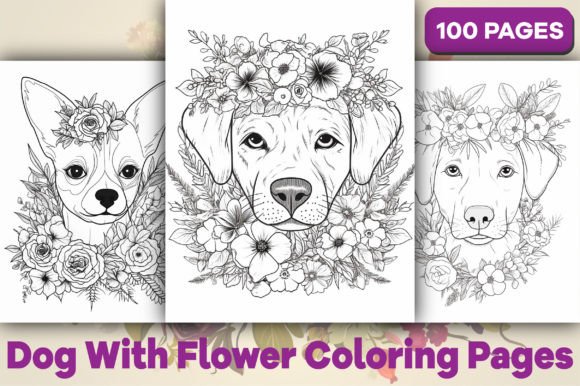 Dog with Flower Coloring Pages featuring three intricate line drawings
