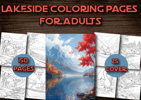 Adult lakeside coloring book preview with mountains and trees
