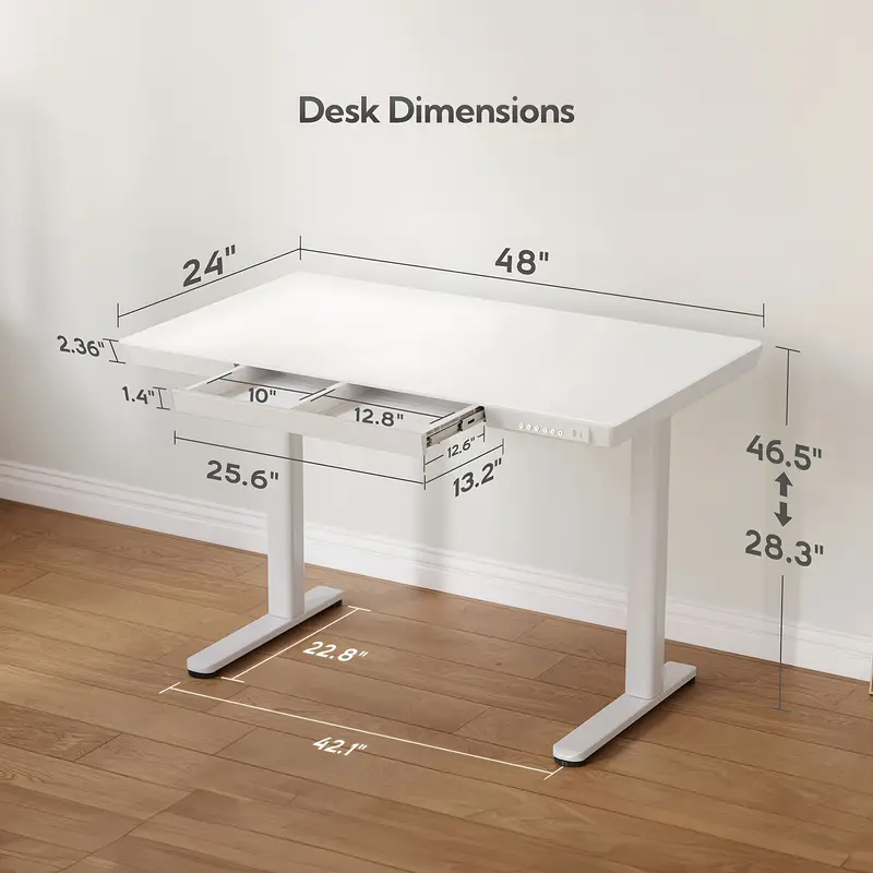 "48'' White Glass Electric Standing Desk with Storage