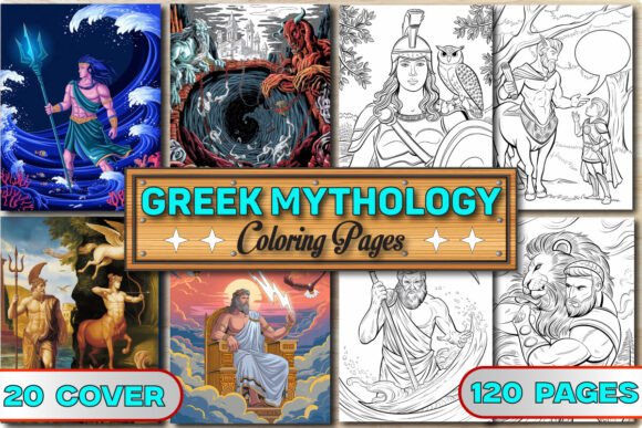 Greek Mythology Coloring Pages featuring wooden sign design with Zeus, Athena, and mythical creatures