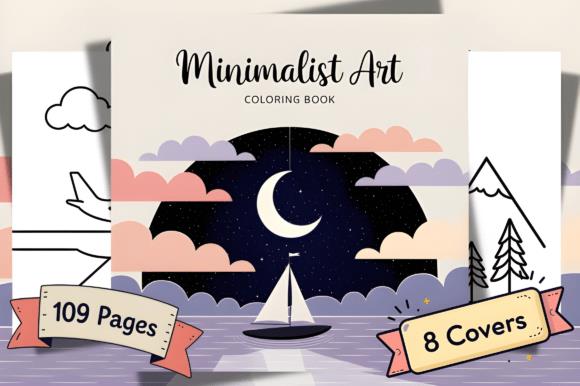 Minimalist Art Coloring Book Cover featuring crescent moon and sailboat scene