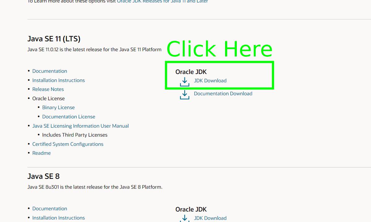 screen shot of the oracal page downloading java jdk