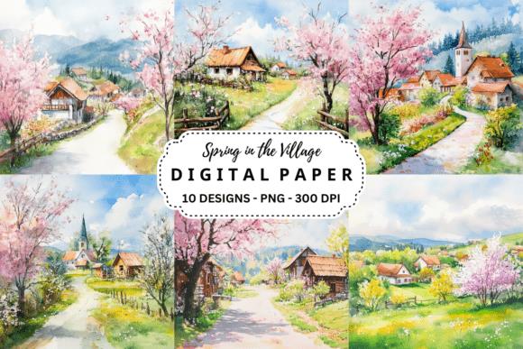Spring village scene digital paper design
