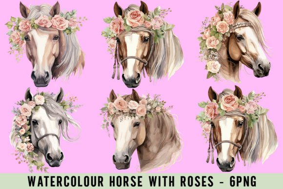 Watercolor Horse with Roses PNG Files