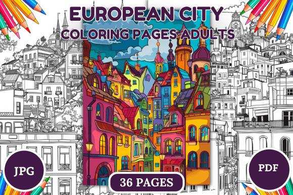 European City Coloring Book Cover with Colorful Pencils Border