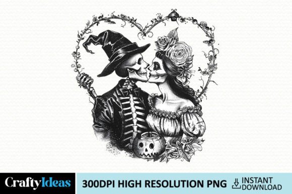 Gothic Antique Halloween Skeleton Couple Illustration