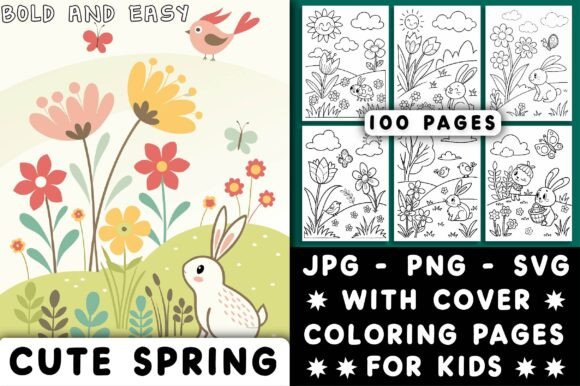 Cute spring coloring page with rabbit and flowers