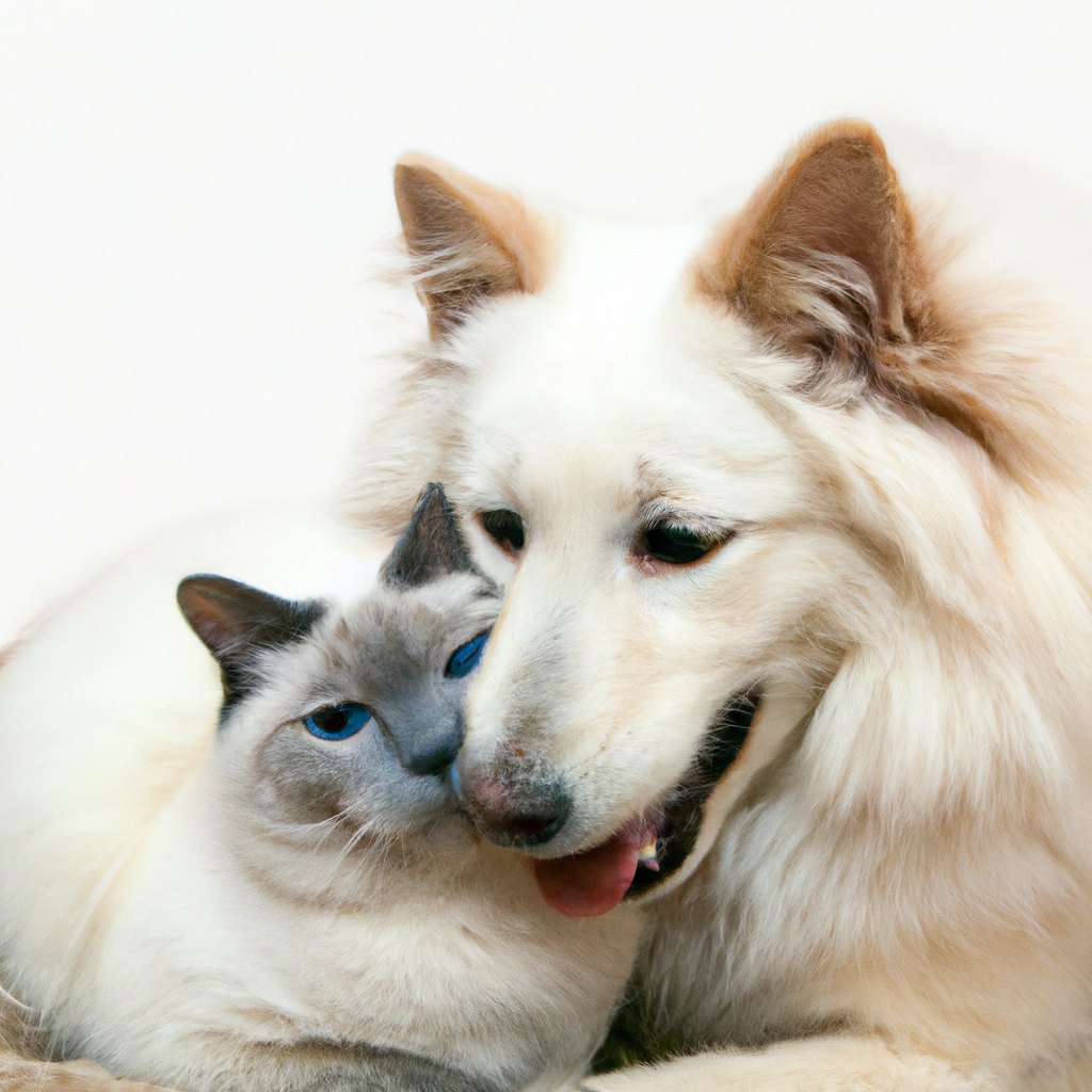 A photo of a Samoyed dog with its tongue out hugging a white Siamese cat