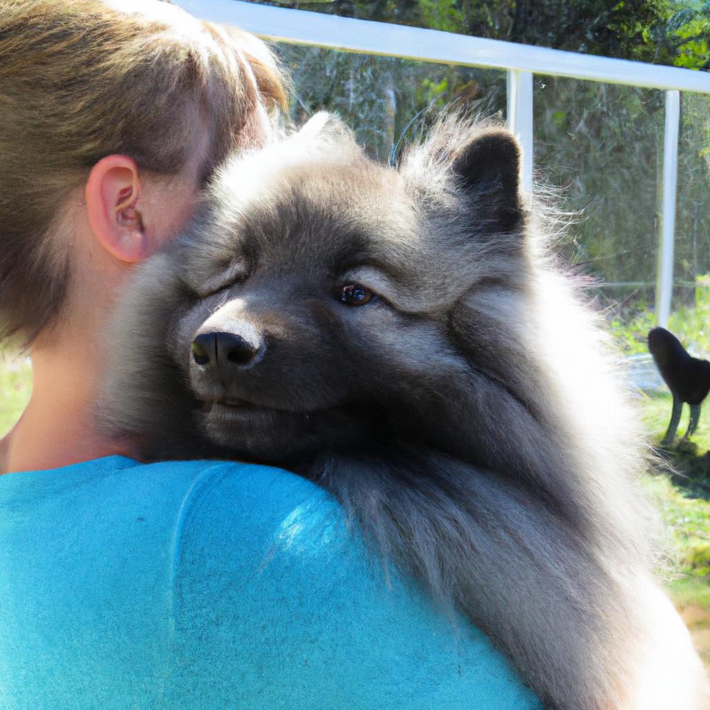 Keeshond hugging person 