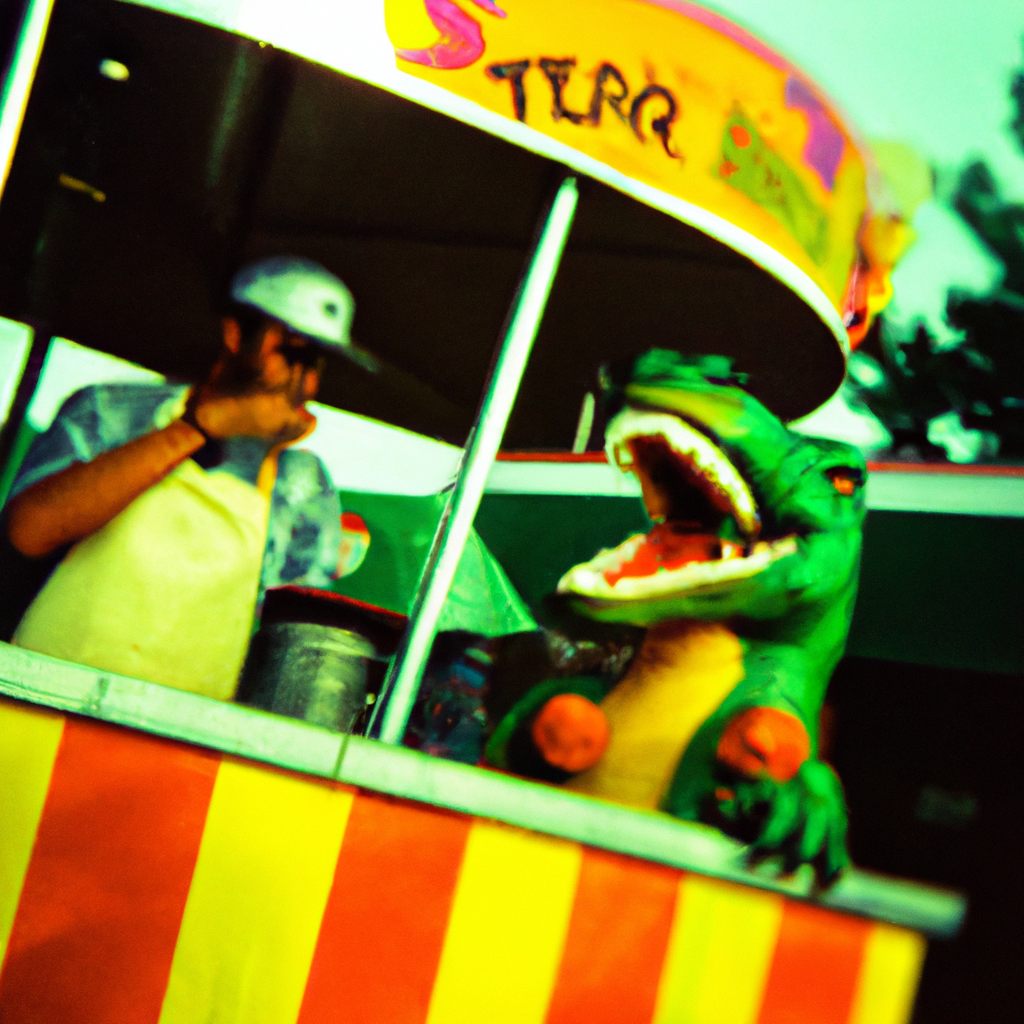 A velociraptor working at a hotdog stand, lomography