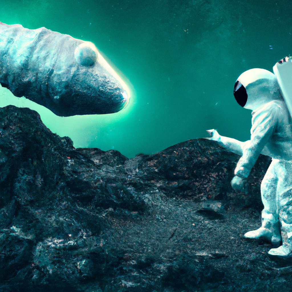 An astronaut encountering an alien life form on a distant planet, photography