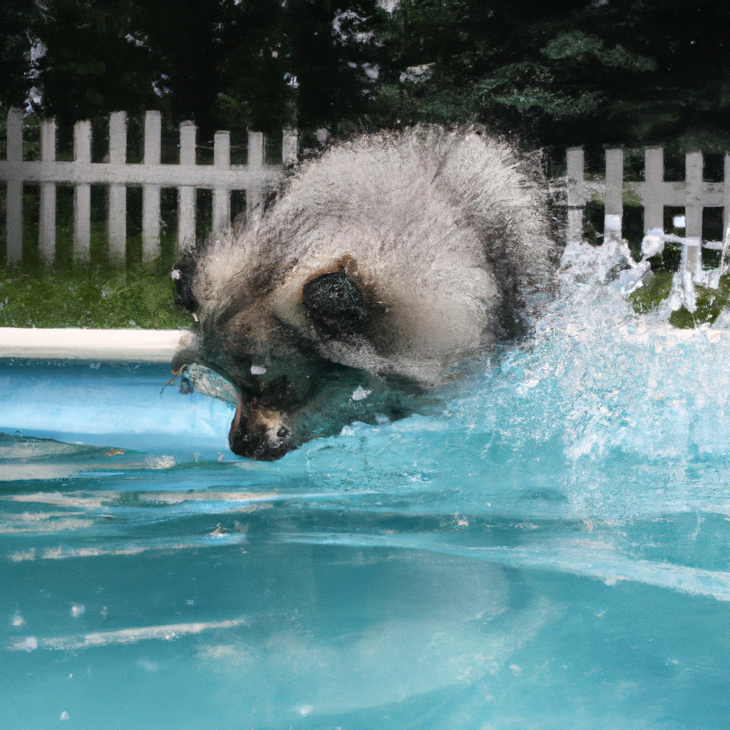 keeshound diving in a pool
