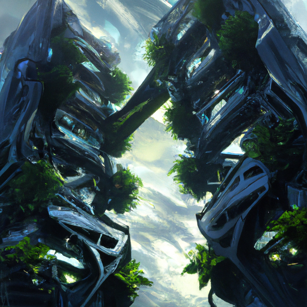 Two futuristic towers with a skybridge covered in lush foliage, digital art