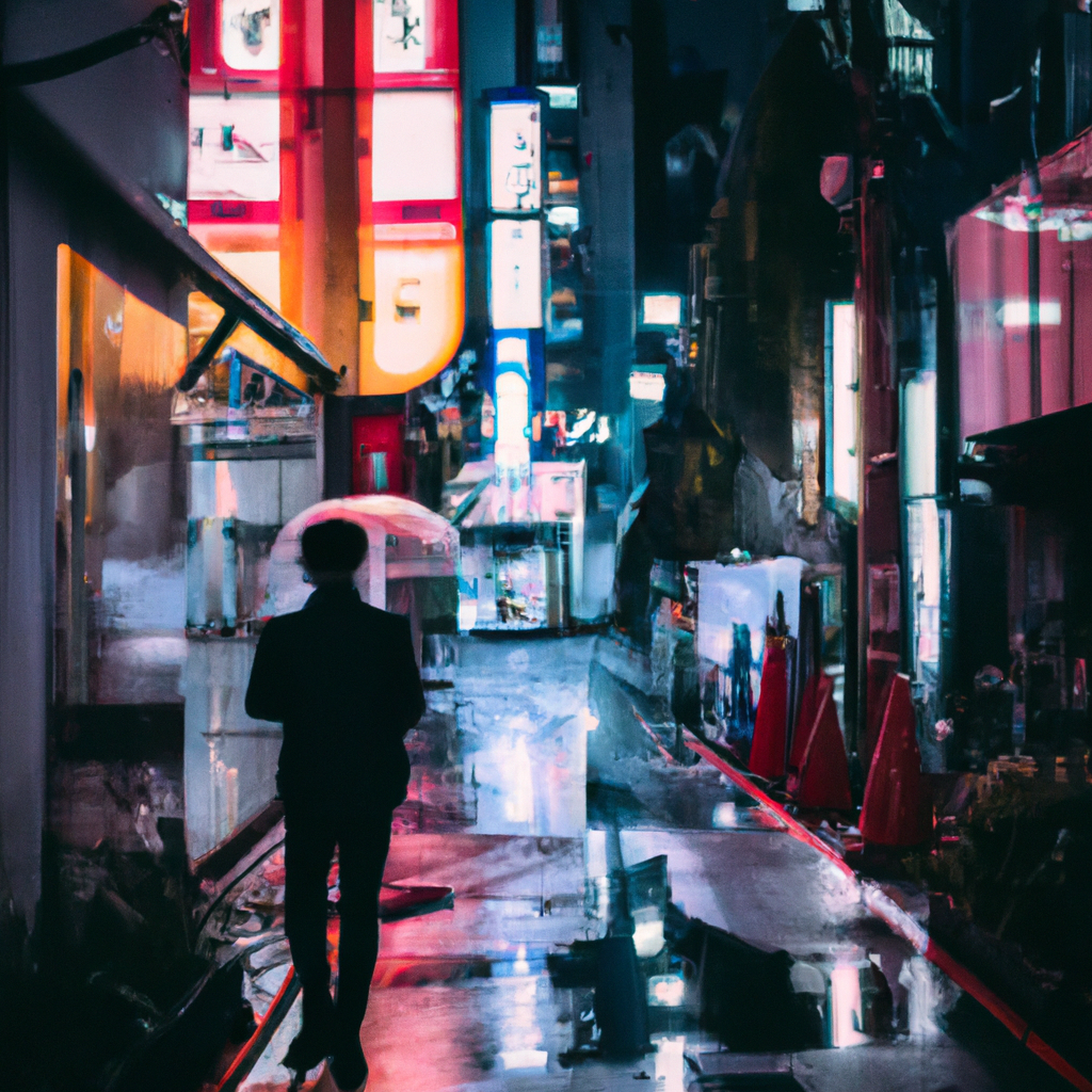 A man wanders through the rainy streets of Tokyo, with bright neon signs, 50mm