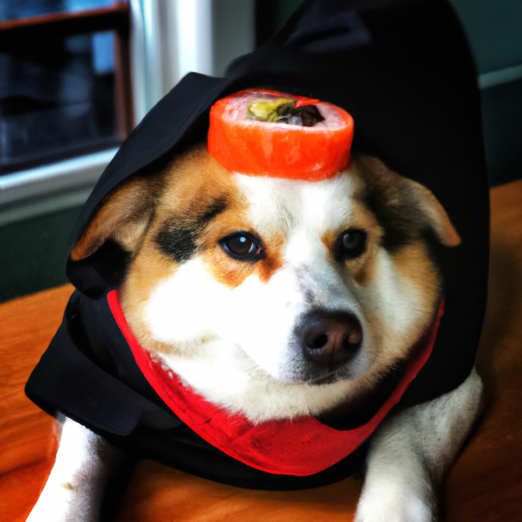 portrait of dog wearing sushi costume
