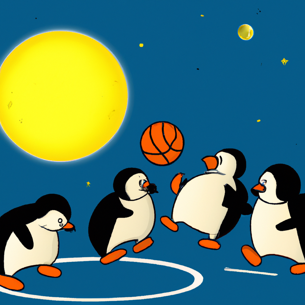 A group of penguins playing basketball on the moon