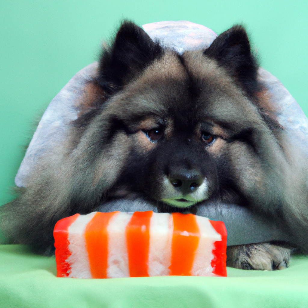Keeshond dressed as sushi 