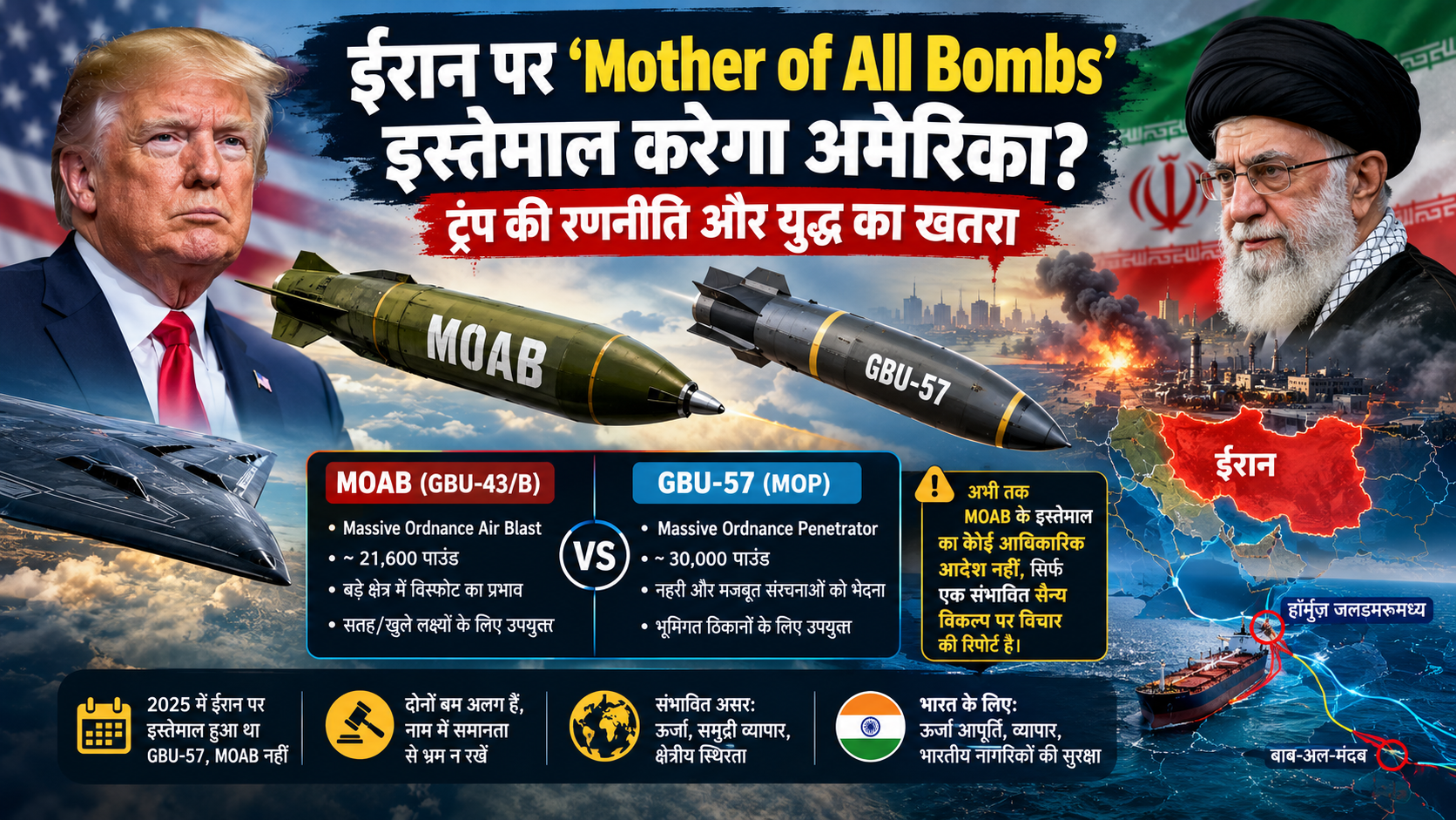 ईरान पर ‘Mother of All Bombs’ इस्तेमाल करेगा अमेरिका? MOAB और GBU-57 में अंतर