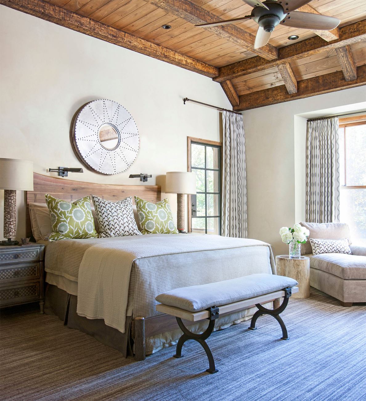 Fresh Bedroom Look with Massive Head Board and Ceiling