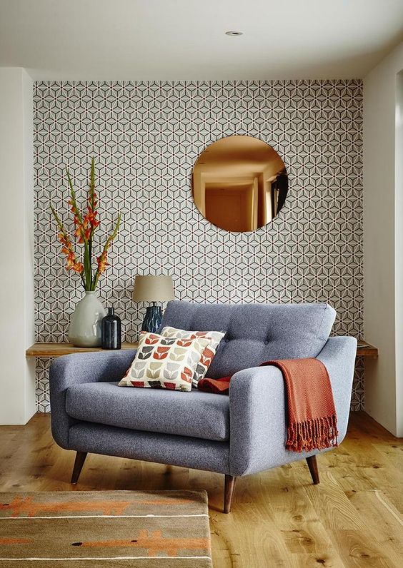 Mid Century Solid color chair with colorful throw pillow