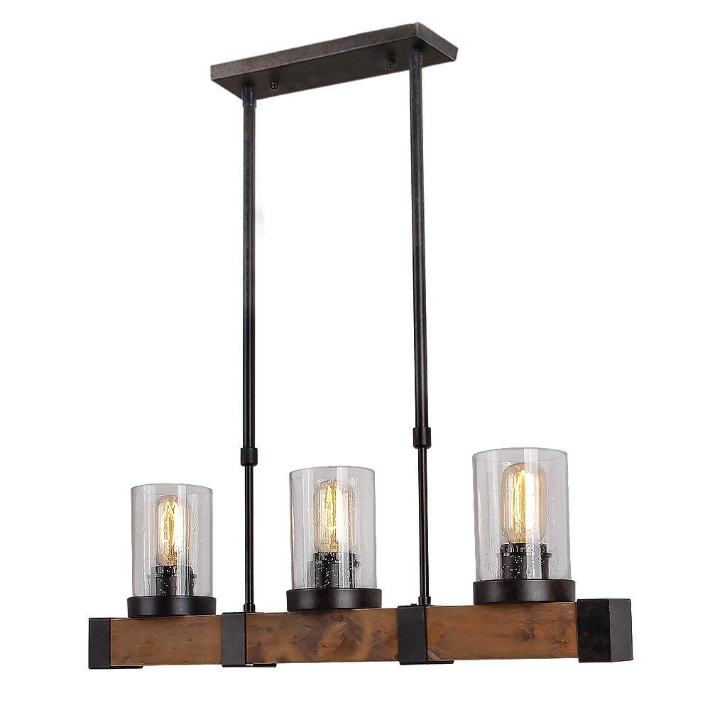 Anmytek Metal Wood and Glass Chandelier Pendant Light Retro Rustic Loft Antique Lamp Edison Vintage Pipe Sconce Decorative Light Fixtures and Ceiling Light Luminaire (Three Lights)