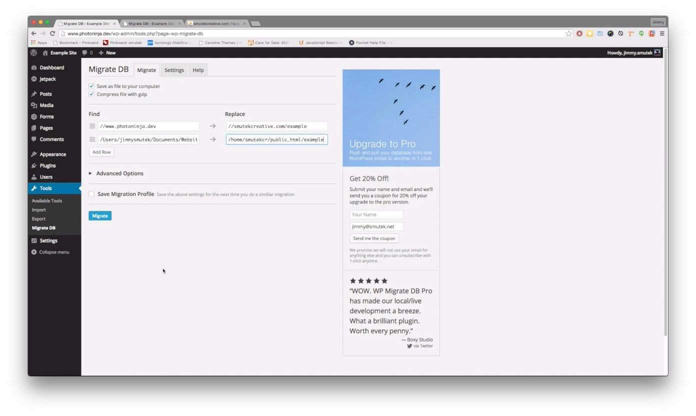Image of Migrate DB settings copied to the local install