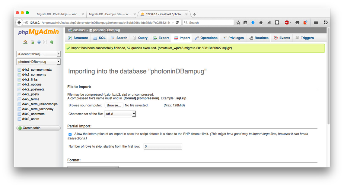 phpMyAdmin success page