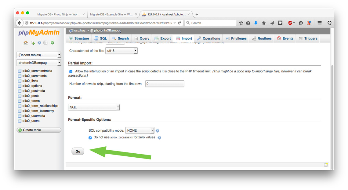 phpMyAdmin, importing the databse