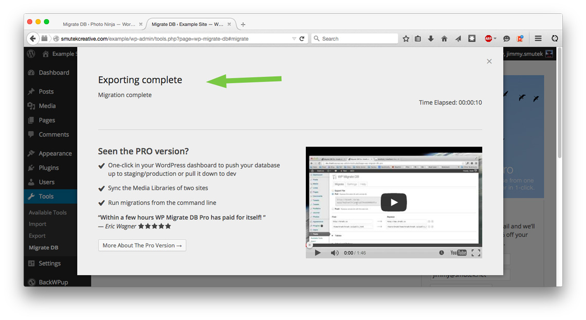 Migrate DB plugin, migration complete dialog