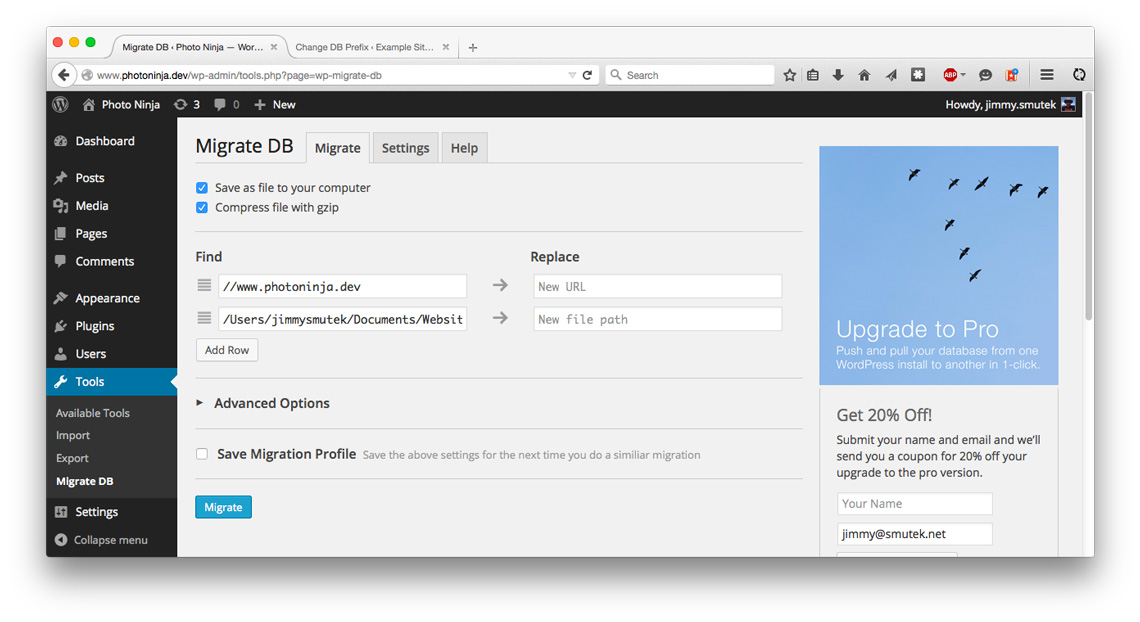WP Migrate DB Plugin migrate page