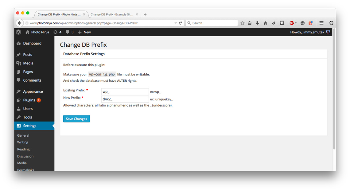 Fields correctly filled out inChange DB Prefix plugin