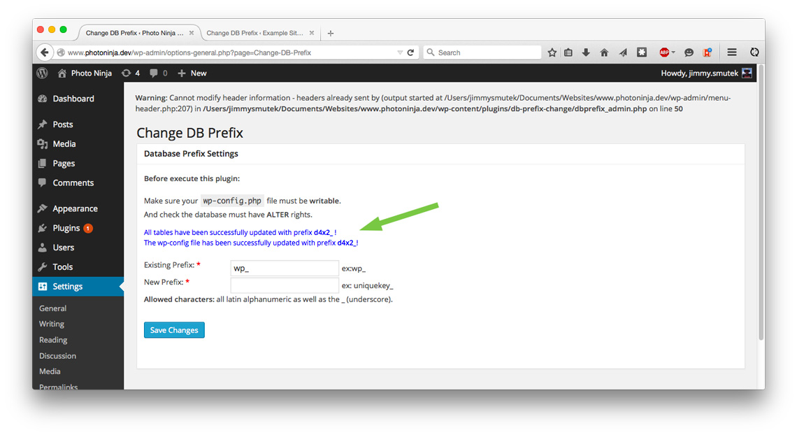 Change DB Prefix plugin, process complete