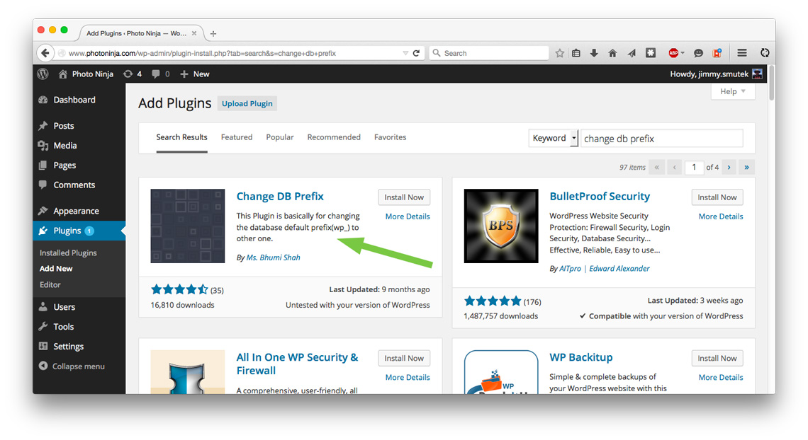 Change DB Prefix plugin install page