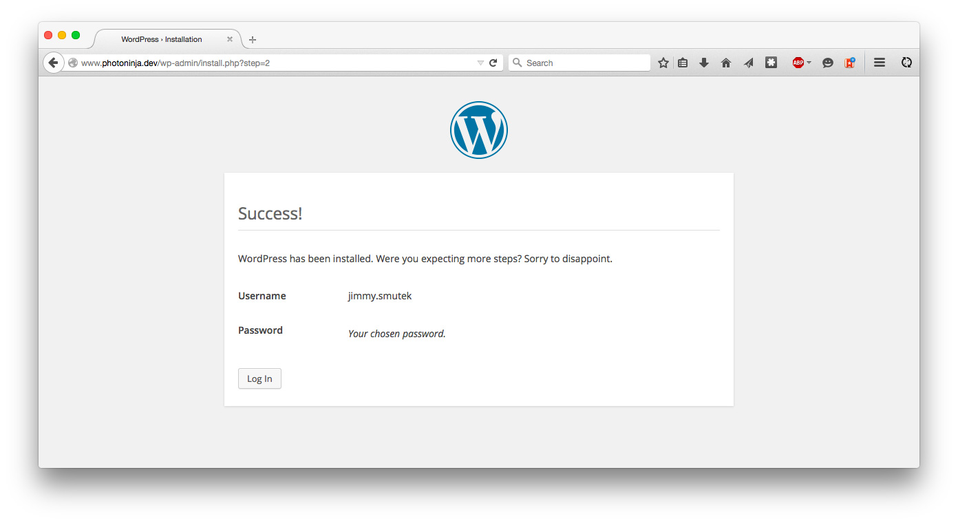 Install WordPress success screen