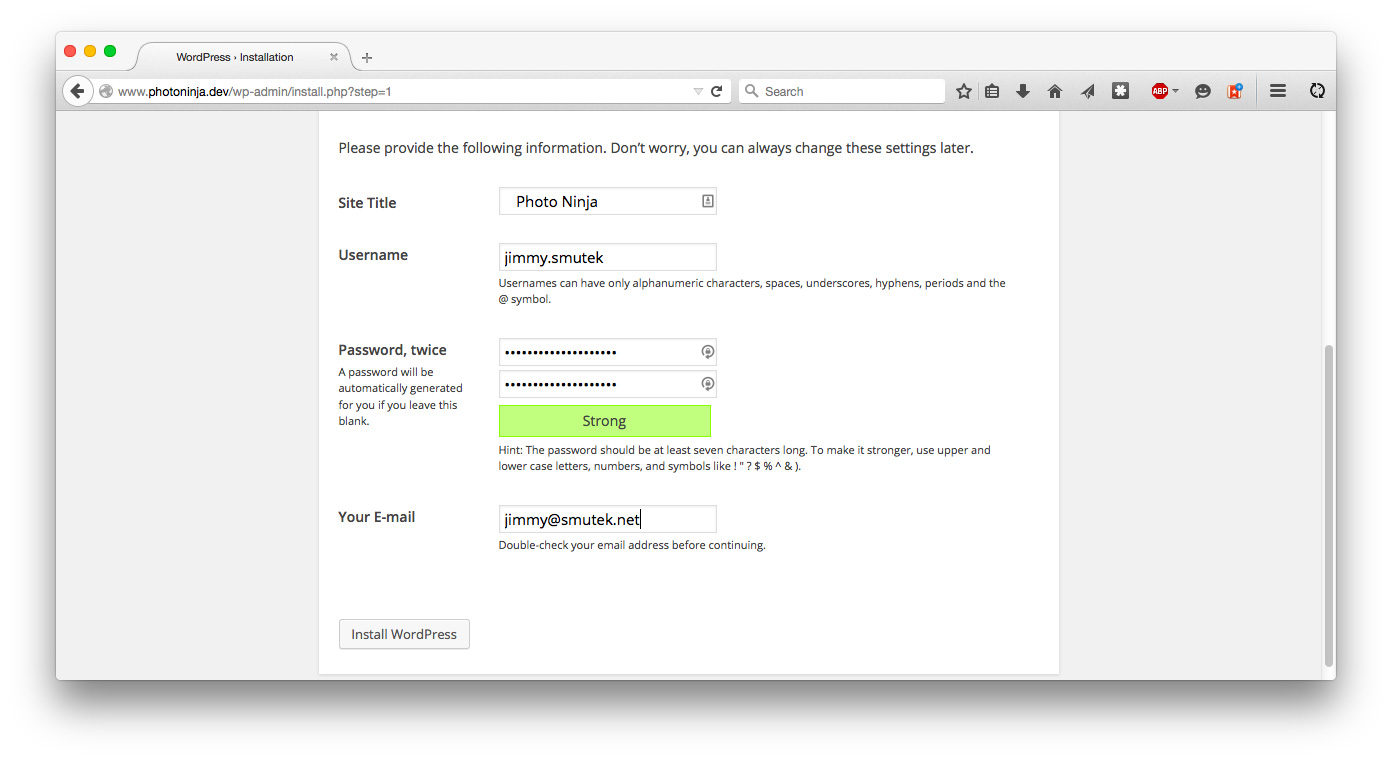 Install WordPress site options