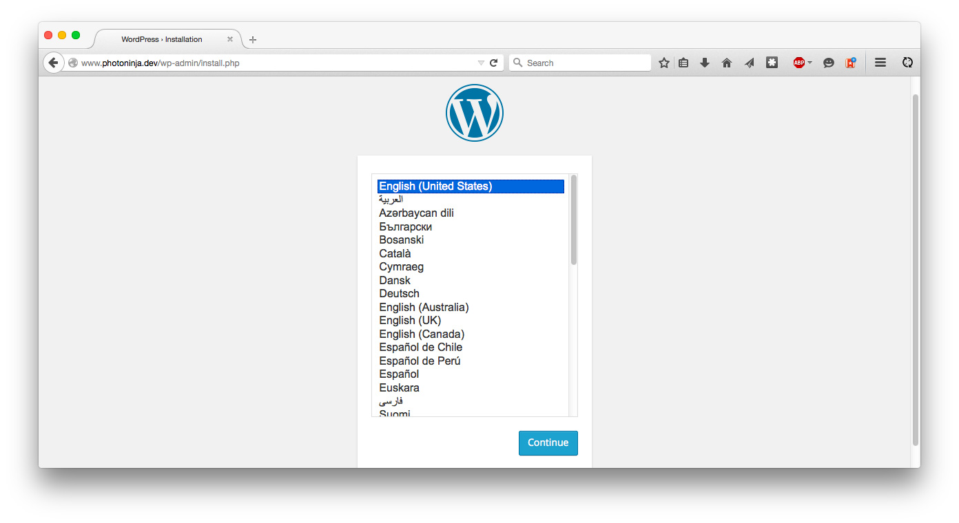 Install WordPress, language screen