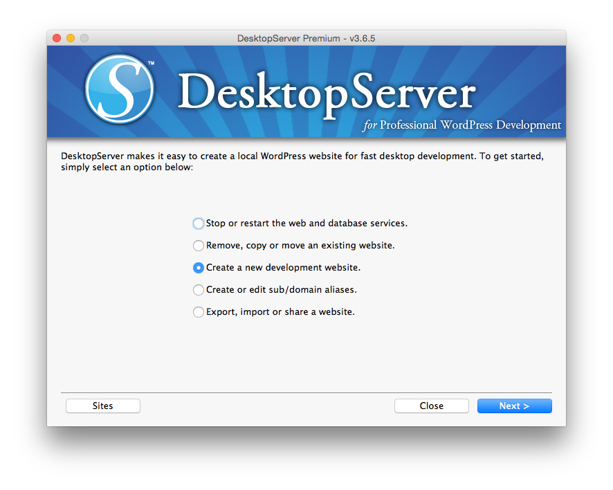 Desktop Server Create a new site