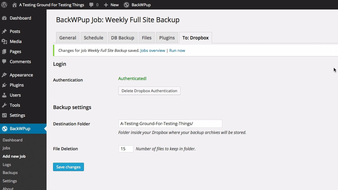 Dropbox successfully authenticated!