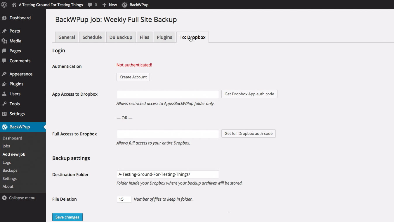 The dropbox settings page un-configured.