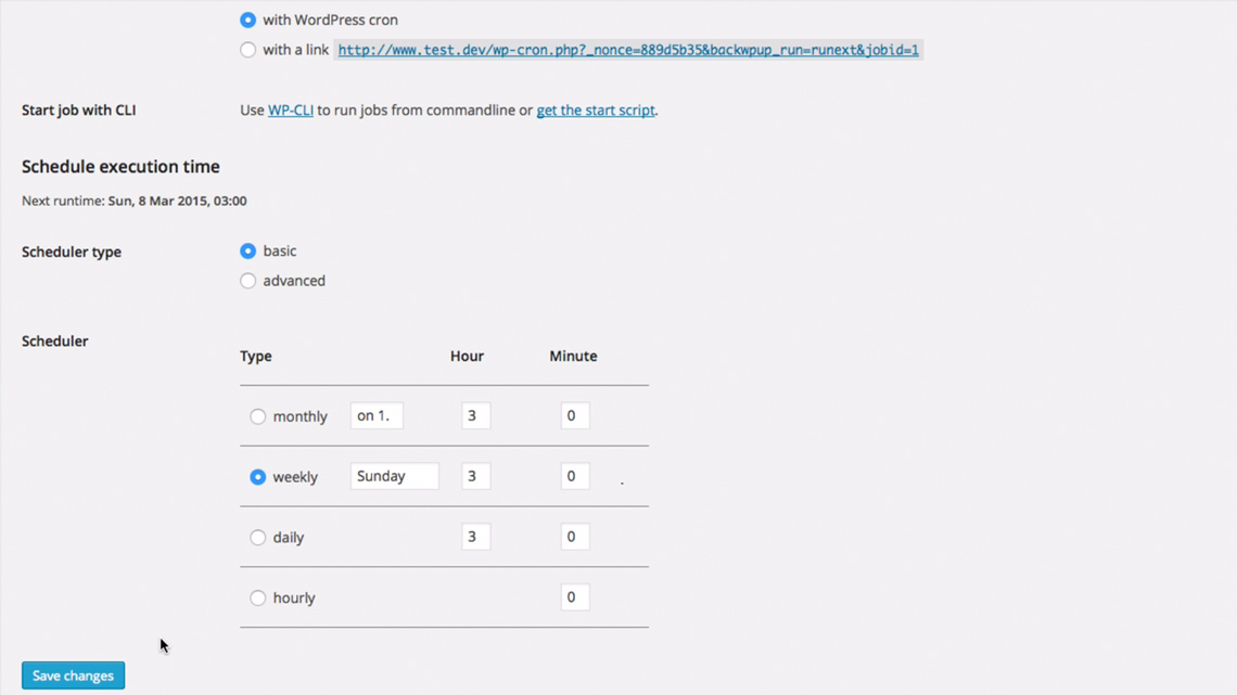 The weekly backup task configured