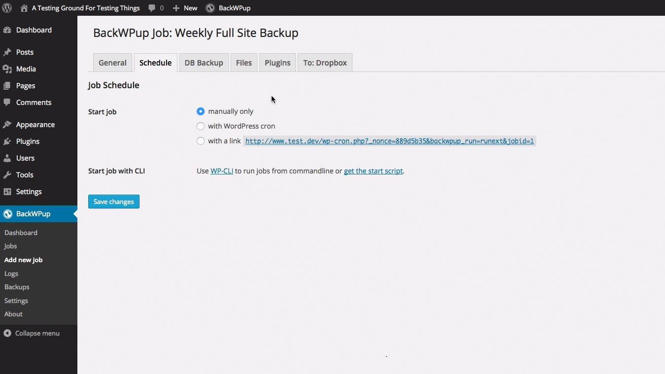 The default backup schedule tab