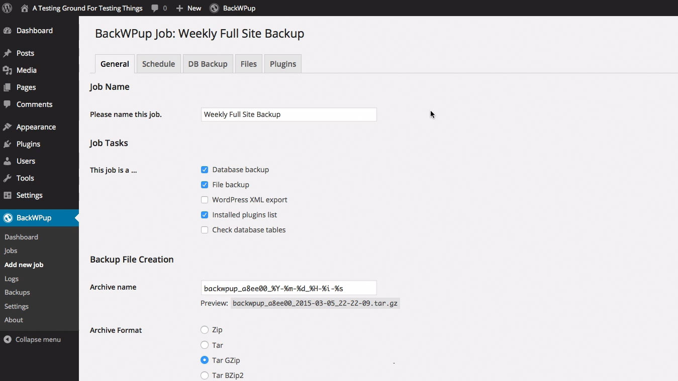 Adding a job to BackWPup