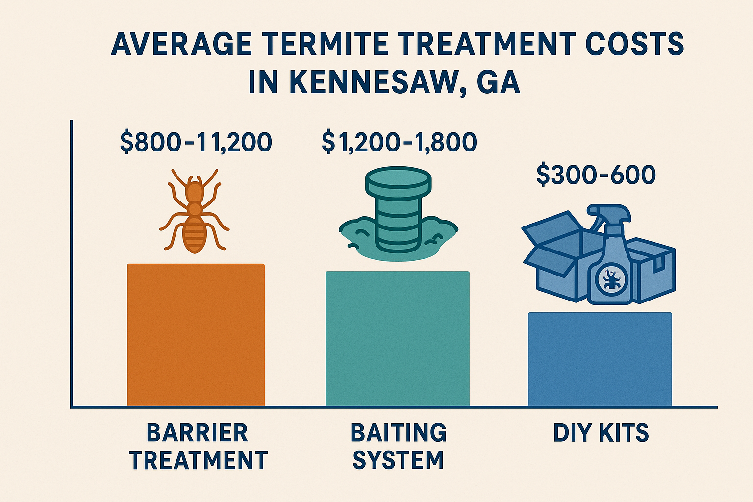 Cost comparison infographic showing barrier treatment, baiting system, and DIY kit prices in Kennesaw